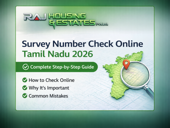 Raj Housing & Estates Pvt. Ltd. cover image for Survey Number Check Online Tamil Nadu 2026 complete step-by-step guide with Tamil Nadu map and magnifying glass.